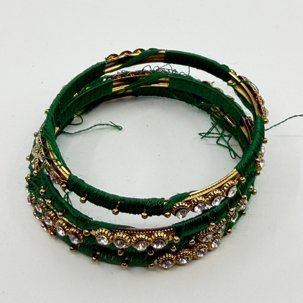 Y2K Emerald Green Rhinestone & Gold-Tone Thread-Wrapped Bangle Set - Picture 5 of 11